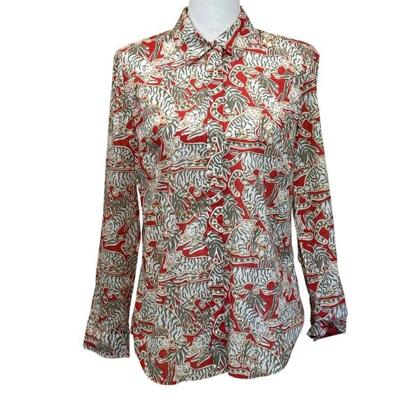 Talbots red/gray tiger button front top, medium, bright, safari, whimsical - Picture 1 of 6
